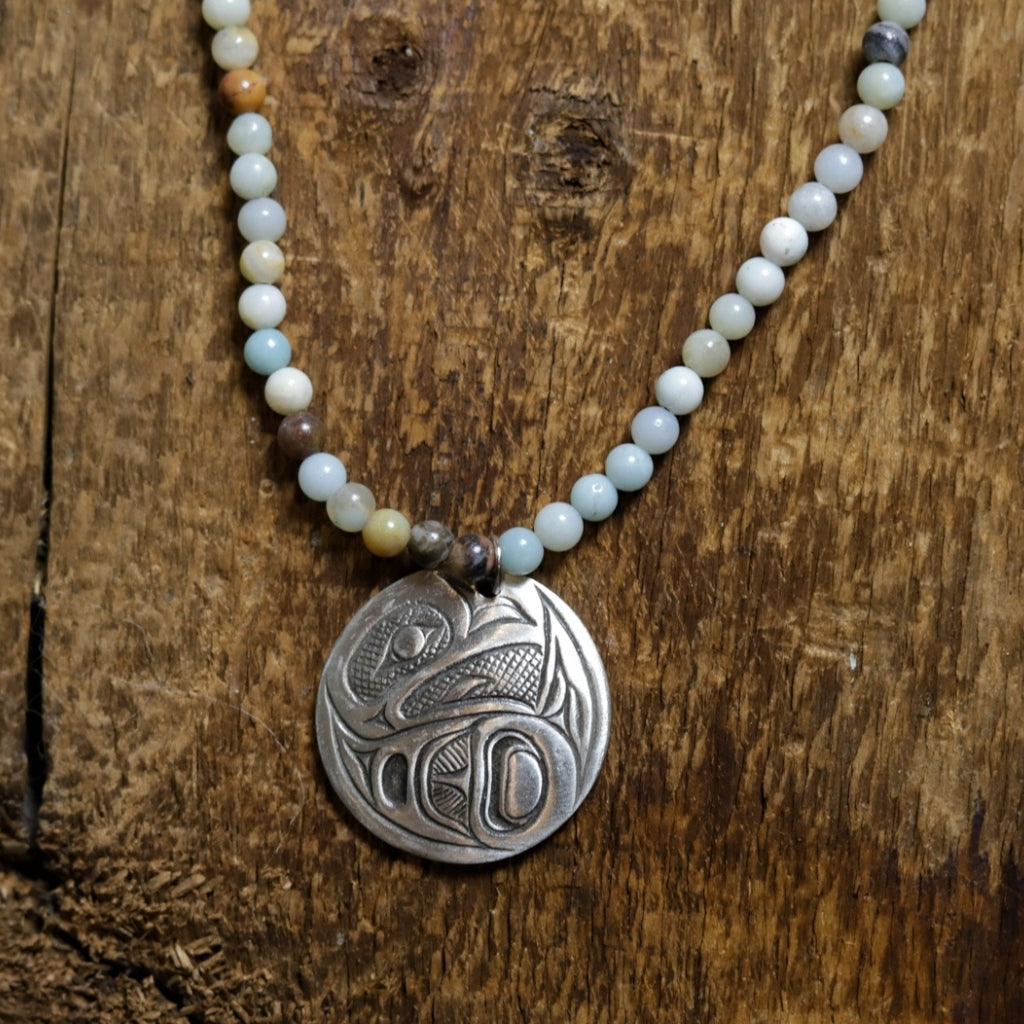 'Raven' Pewter Pendant with Amazonite Neckace by Alex Helin