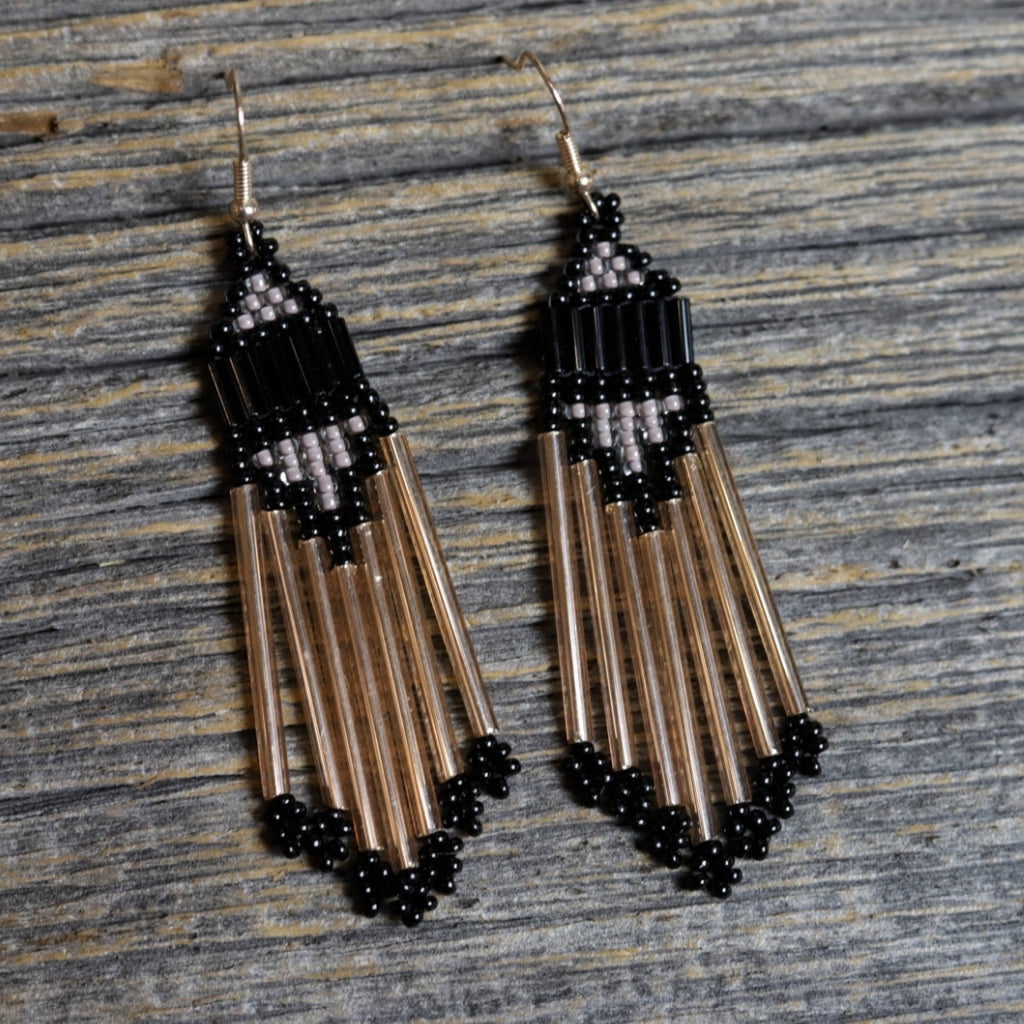 Beaded Fringe Earrings by Zhawenim Designs - Black & Terra