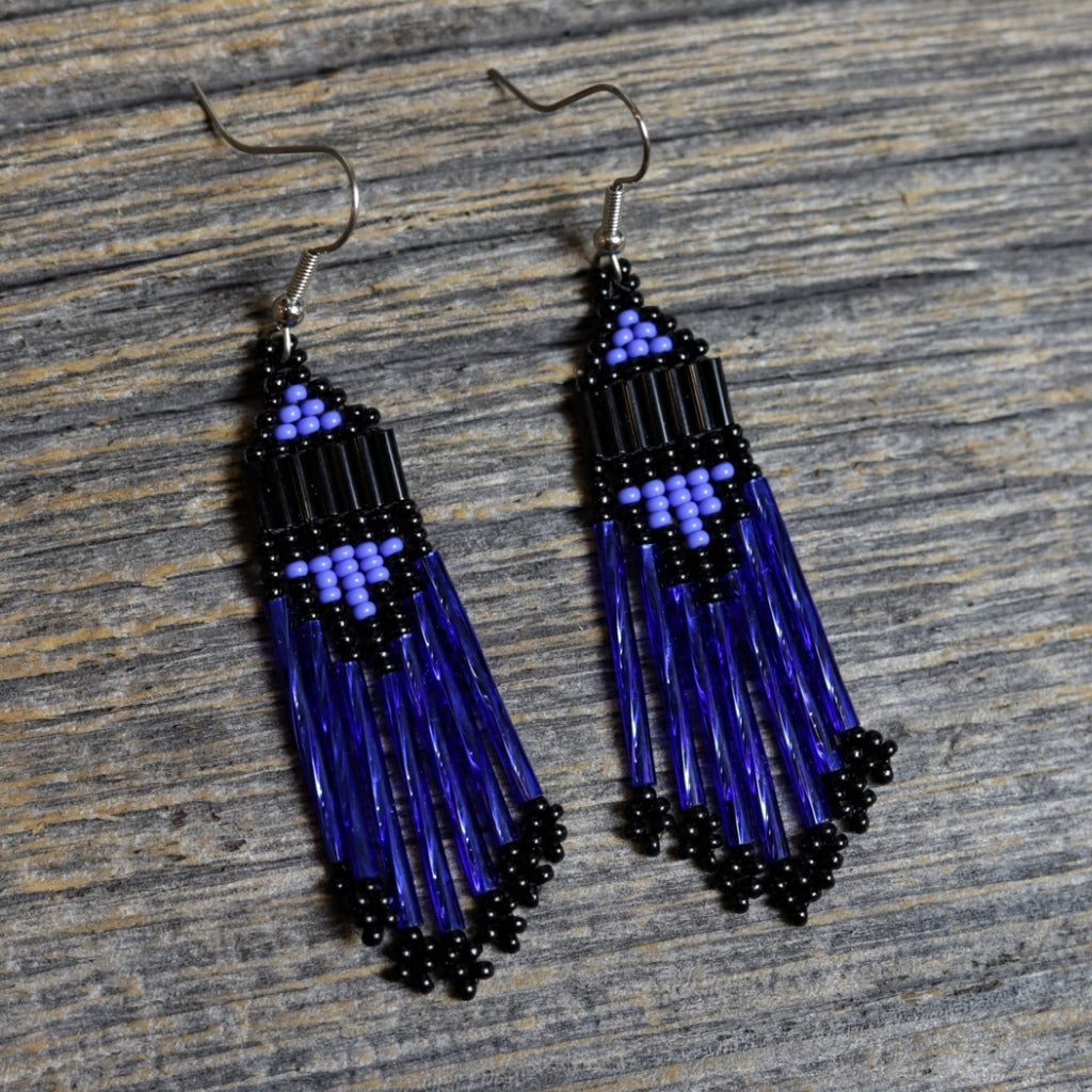 Beaded Fringe Earrings by Zhawenim Designs - Blue & Black