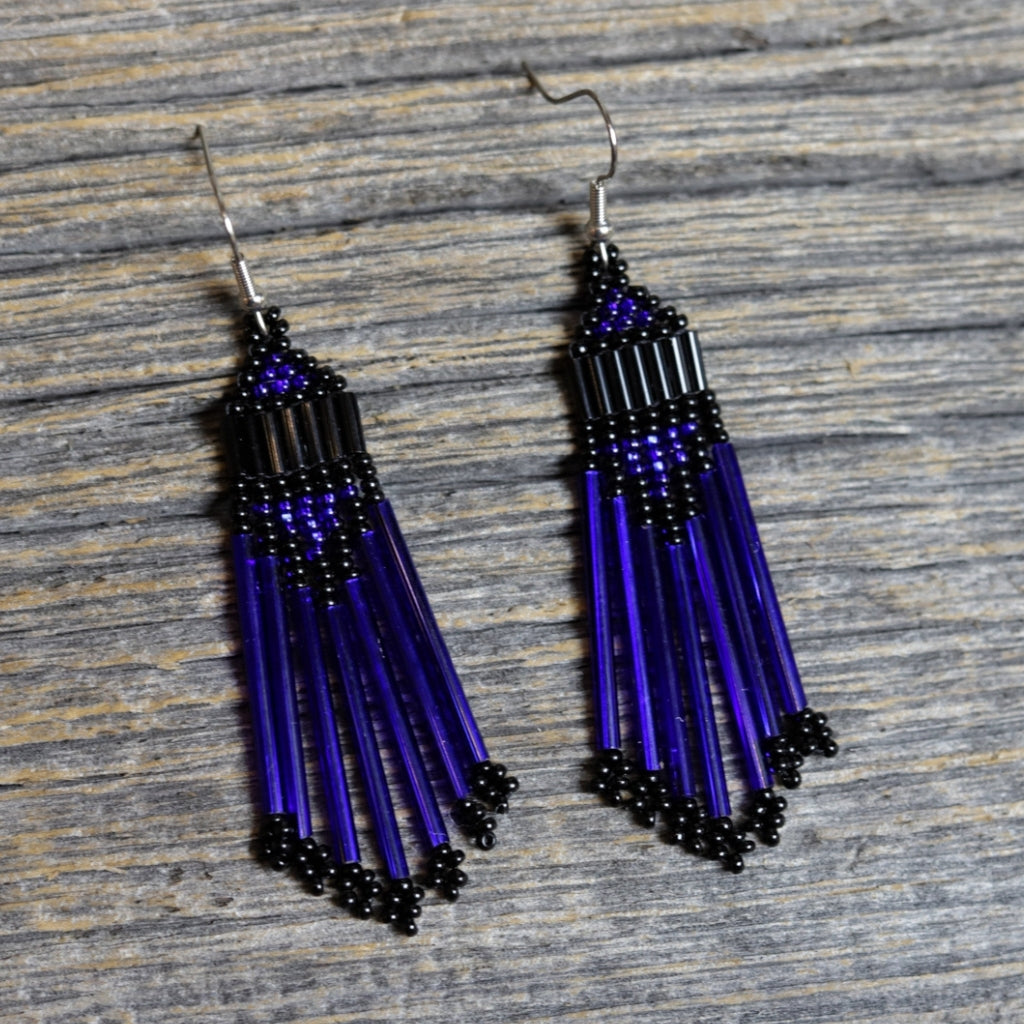 Beaded Fringe Earrings by Zhawenim Designs - Royal Blue & Black