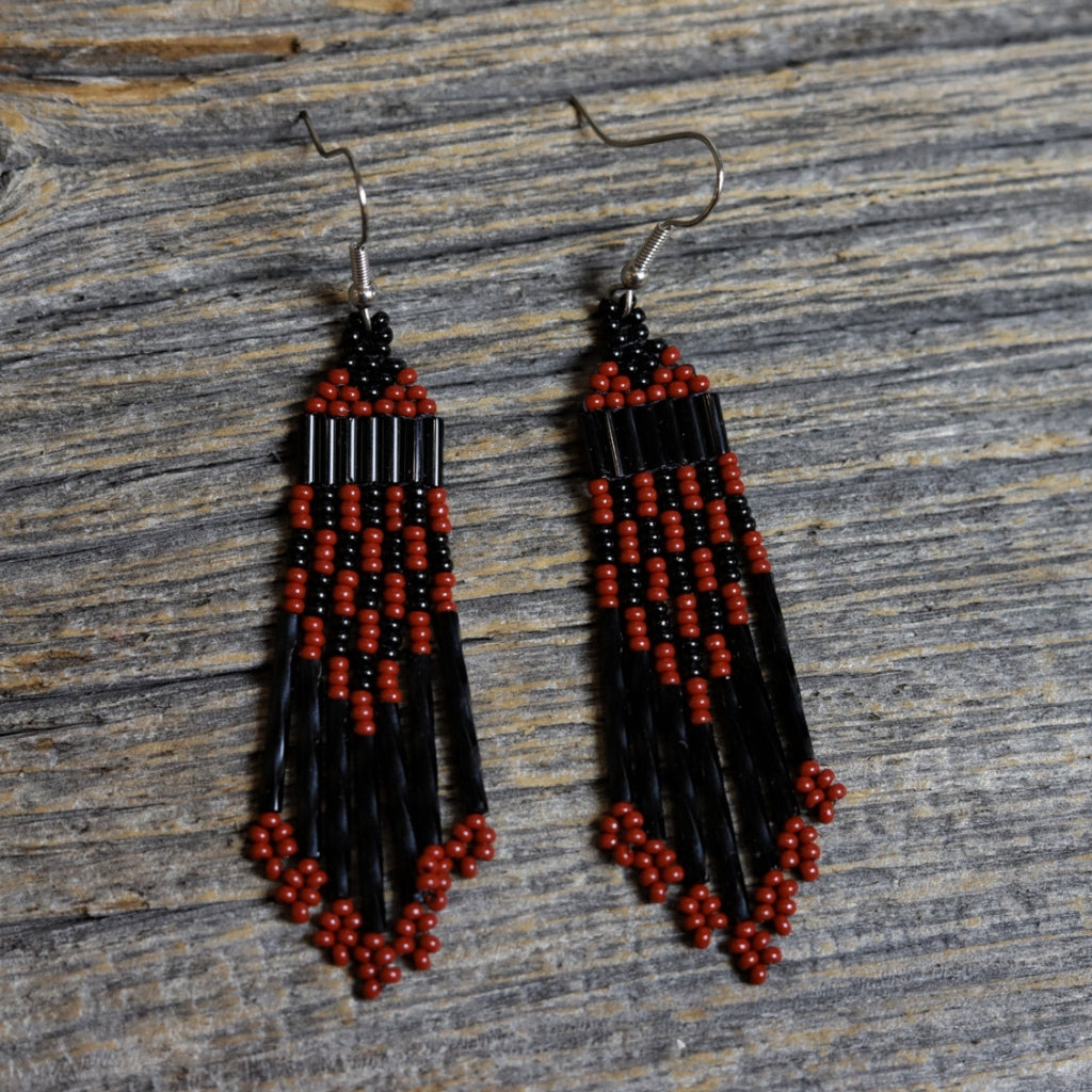 Beaded Fringe Earrings by Zhawenim Designs - Black & Brown