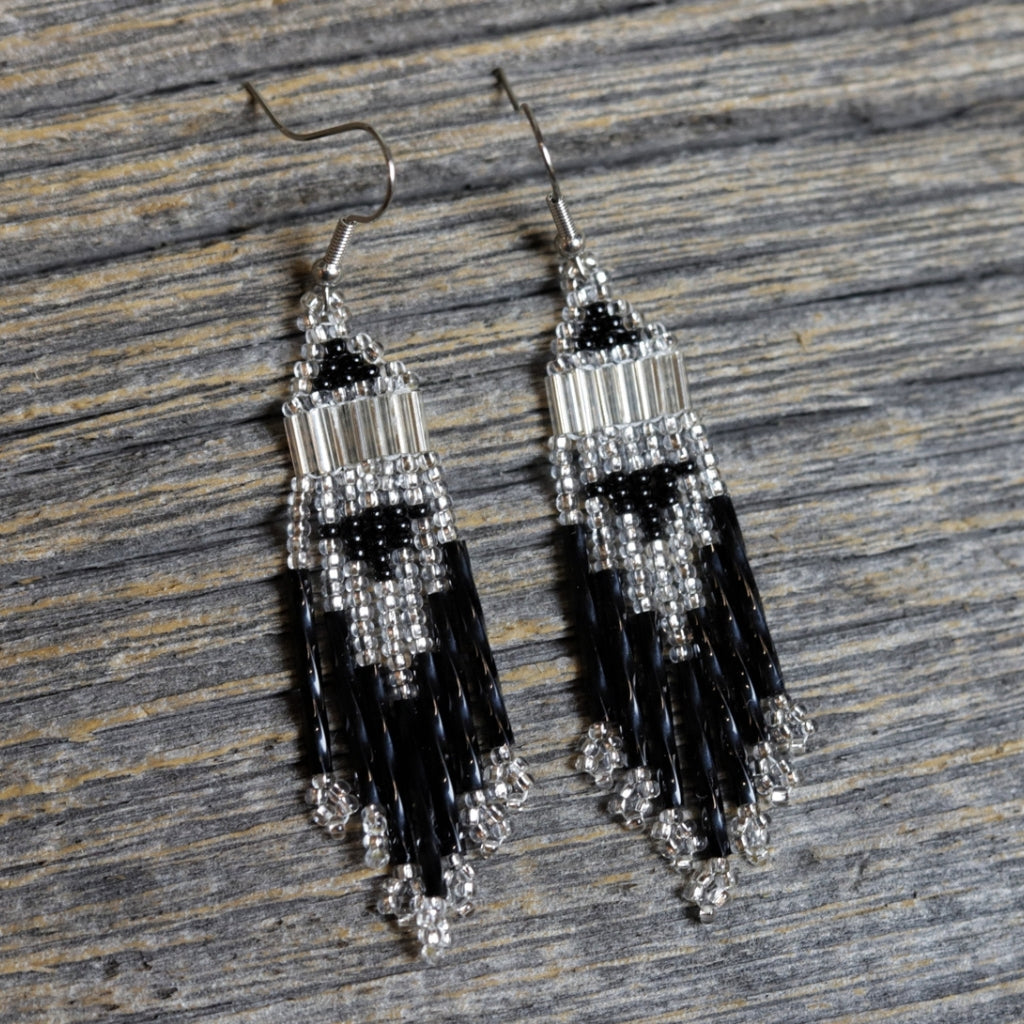 Beaded Fringe Earrings by Zhawenim Designs - Black & Crystal Silverlined