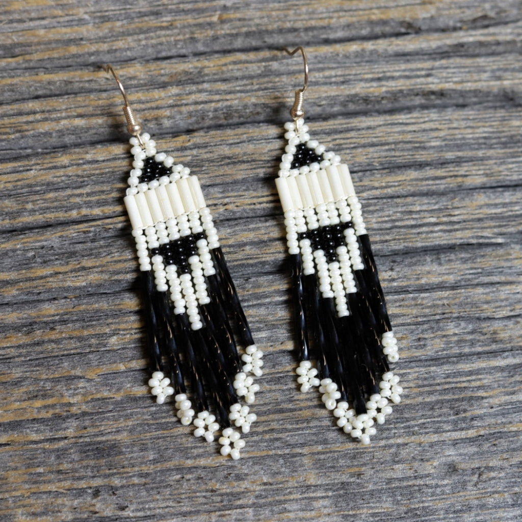 Beaded Fringe Earrings by Zhawenim Designs - Black & Pearl Ivory