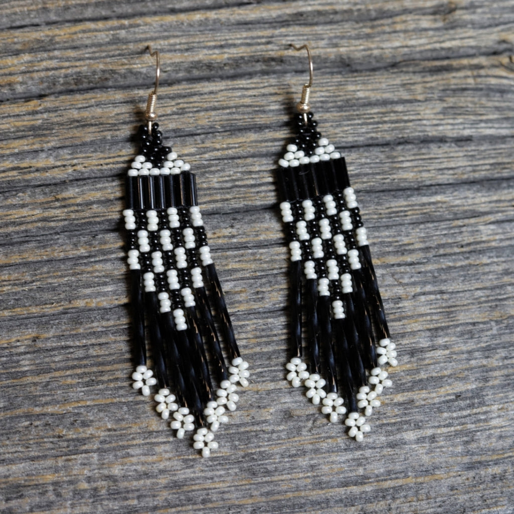 Beaded Fringe Earrings by Zhawenim Designs - Black & Pearl White