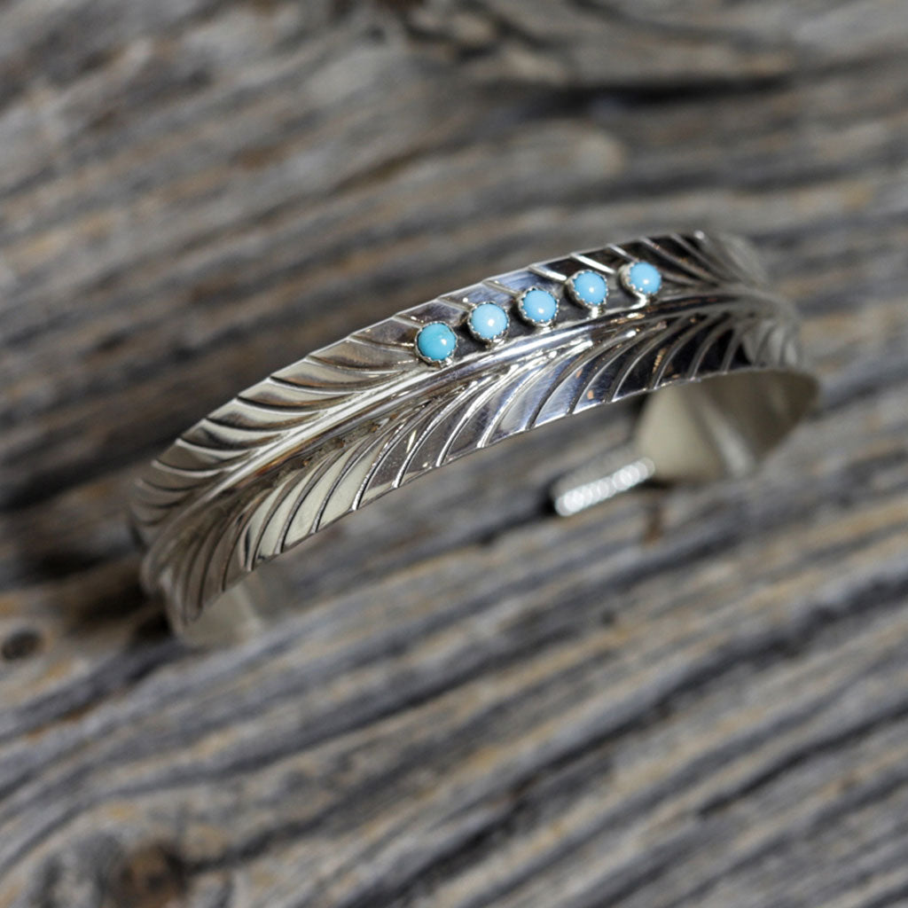 Silver & Turquoise Navajo Feather Bracelet by Myron Begay - Beaded