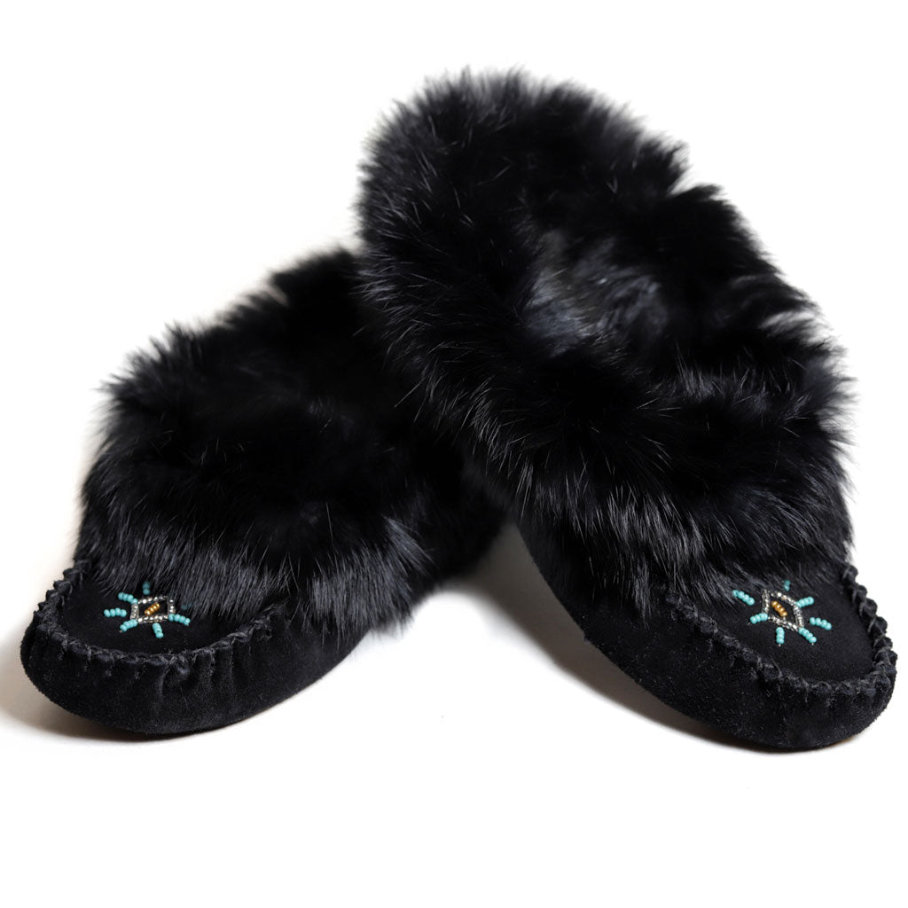 Ladies Black Moccasins with Rabbit Fur - Beaded Dreams