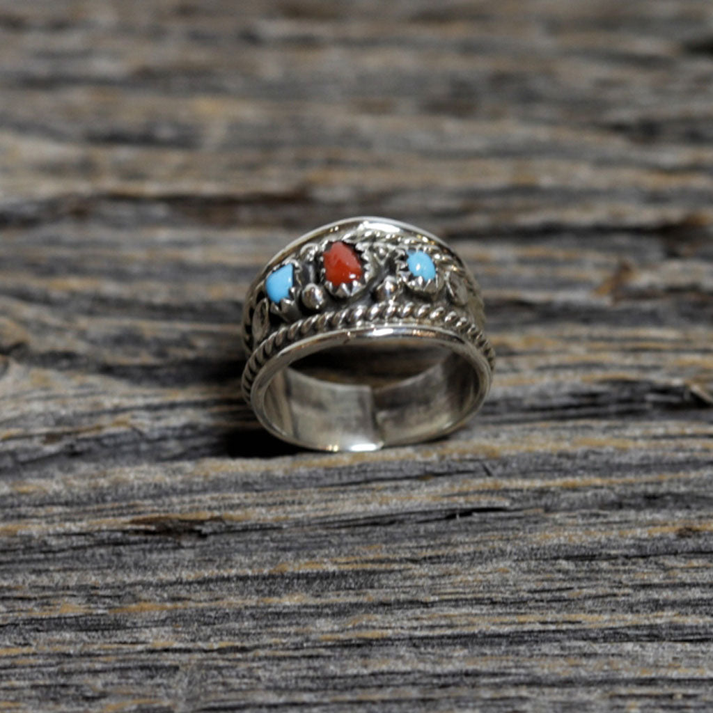 Navajo Silver, Turquoise & Coral Ring by Sondra Whitegoat - Beaded Dreams