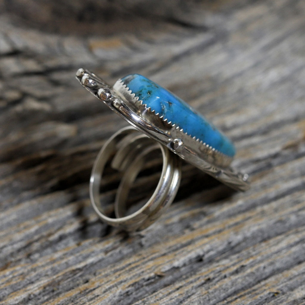 Large Turquoise & Silver Navajo Ring by Ray Nez - Beaded Dreams